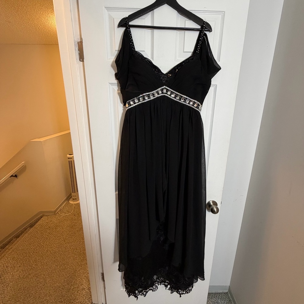 Chic Black High Low Dress with Embellished Waist
